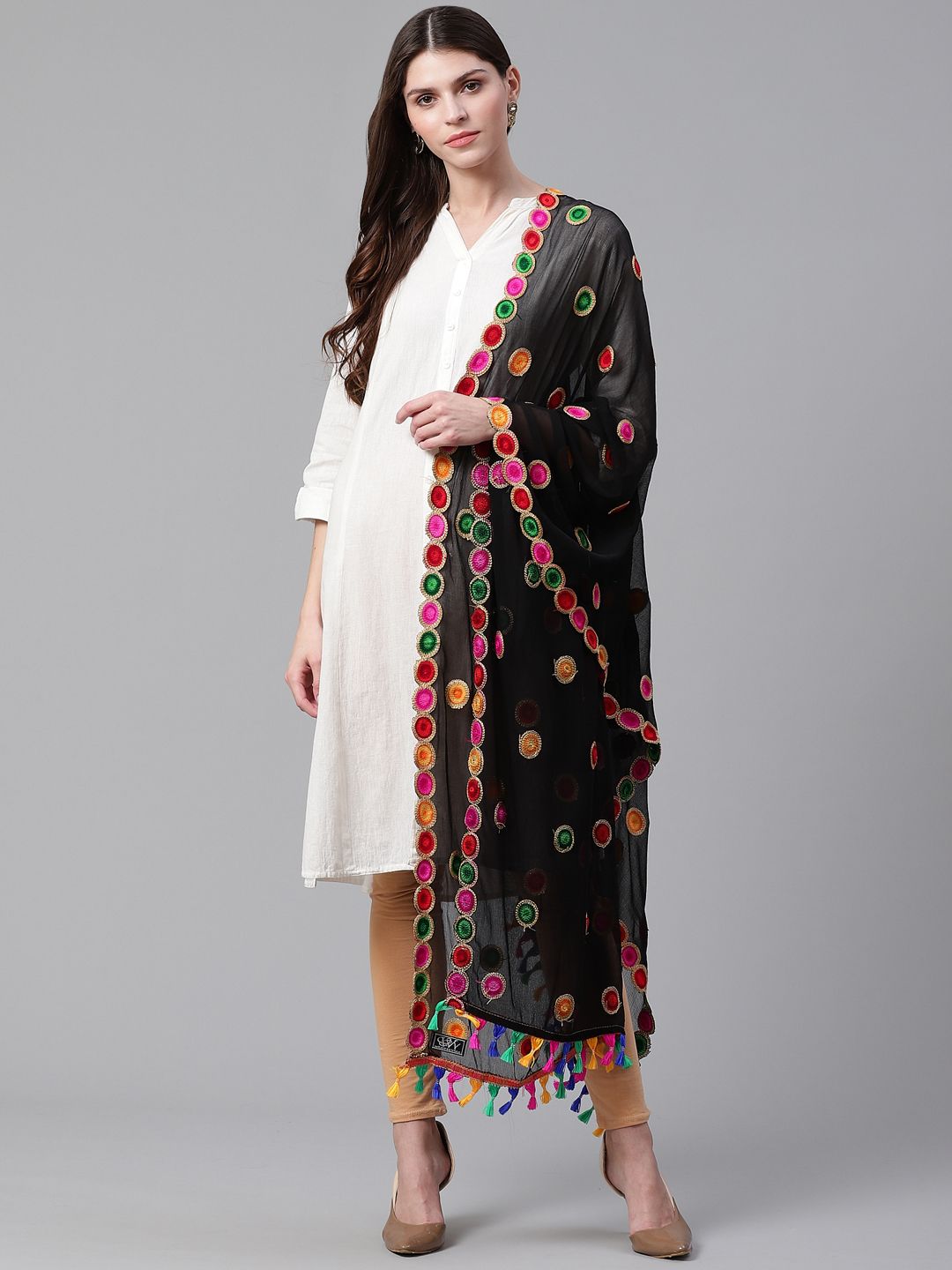 WEAVERS VILLA Black & Pink Embroidered Dupatta