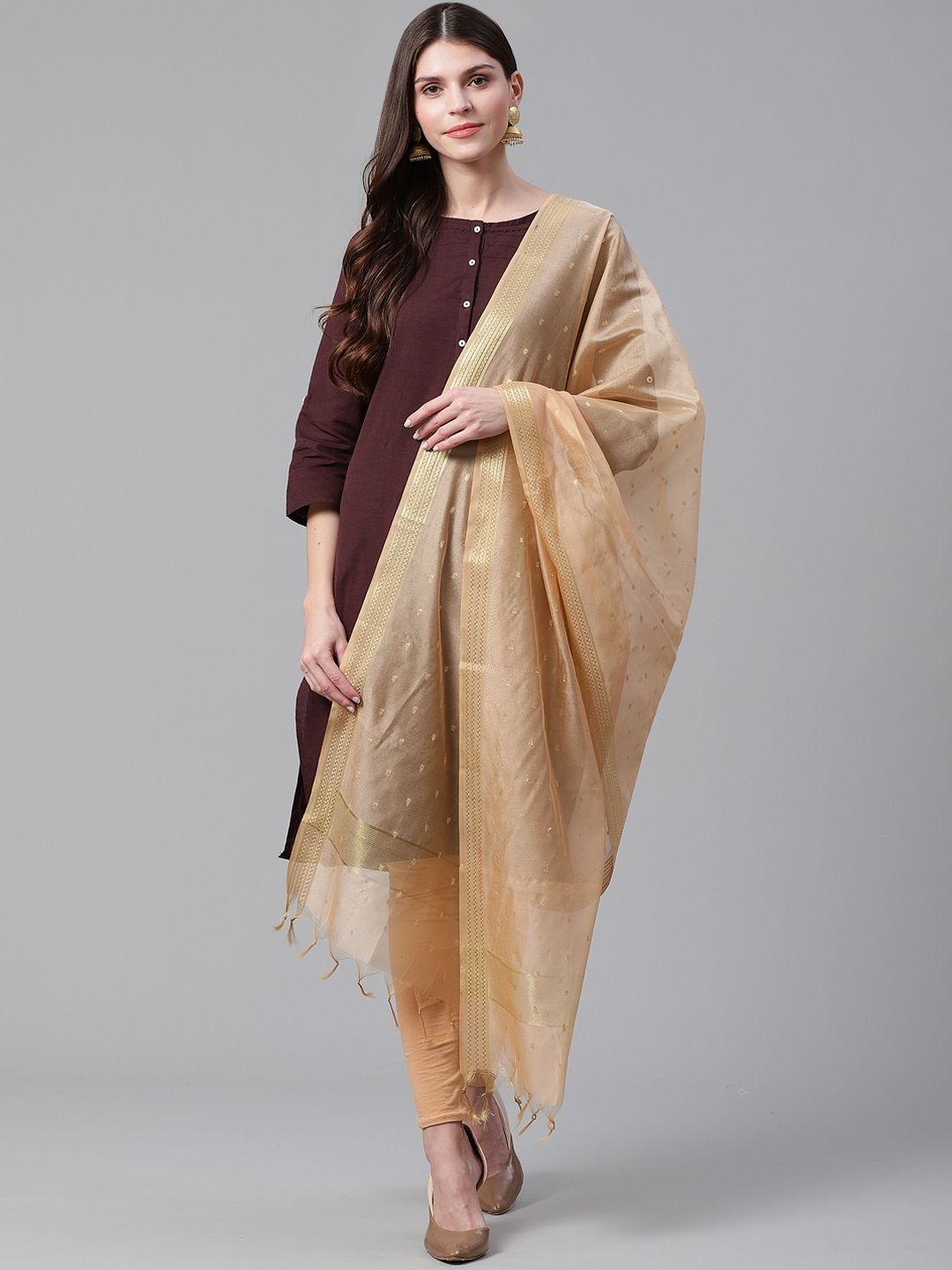 WEAVERS VILLA Beige & Golden Woven Design Dupatta Price in India
