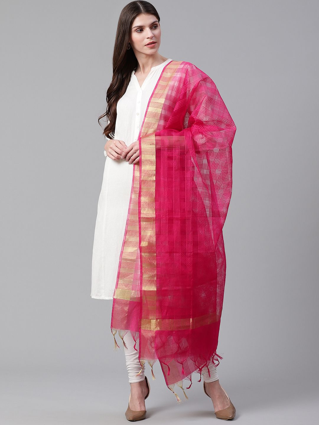 WEAVERS VILLA Pink Checked Dupatta Price in India