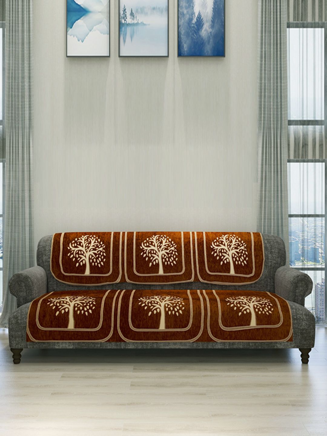 ROMEE Set Of 6 Rust Brown Self-Design Sofa Cover Price in India