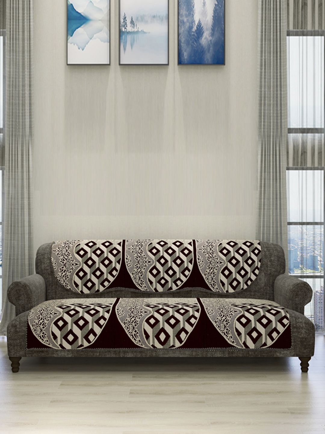 ROMEE Set Of 6 Off-White & Maroon Self-Design Sofa Cover Price in India