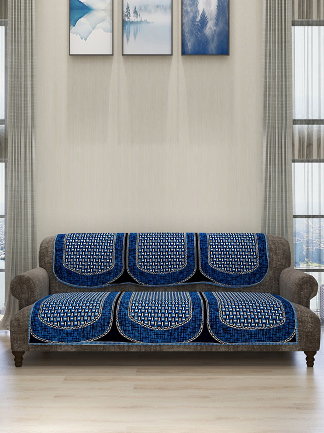 ROMEE 6-Piece Blue & Black Woven Design Chenille Sofa Set Covers Price in India