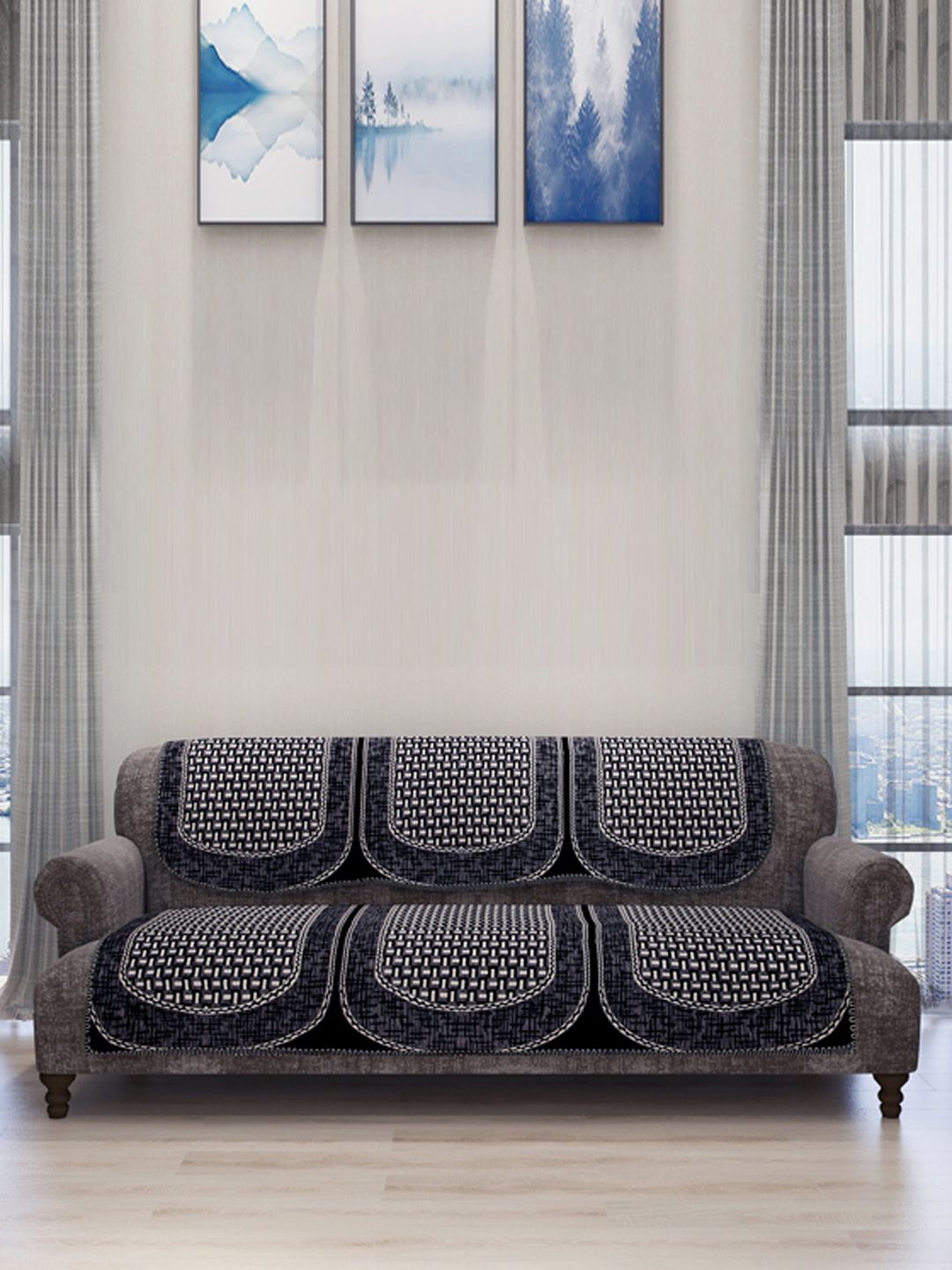 ROMEE 6-Piece Grey & Black Woven Design Chenille Sofa Set Covers Price in India