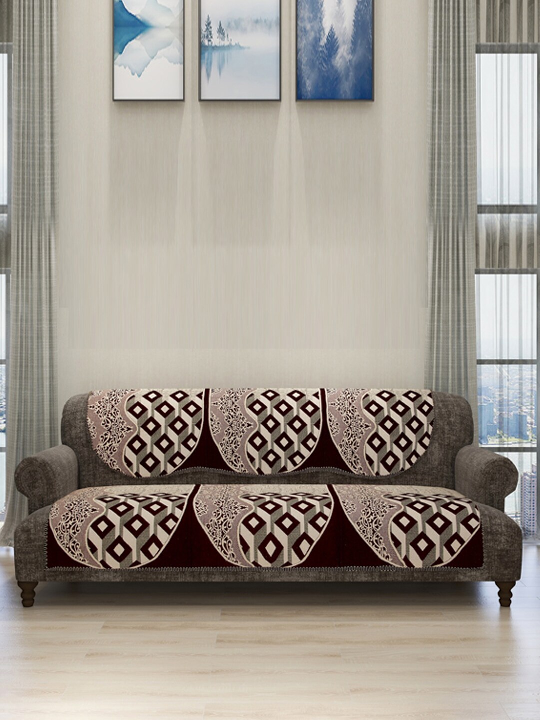 ROMEE Set Of 6 Off-White & Maroon Self-Design Sofa Cover Price in India