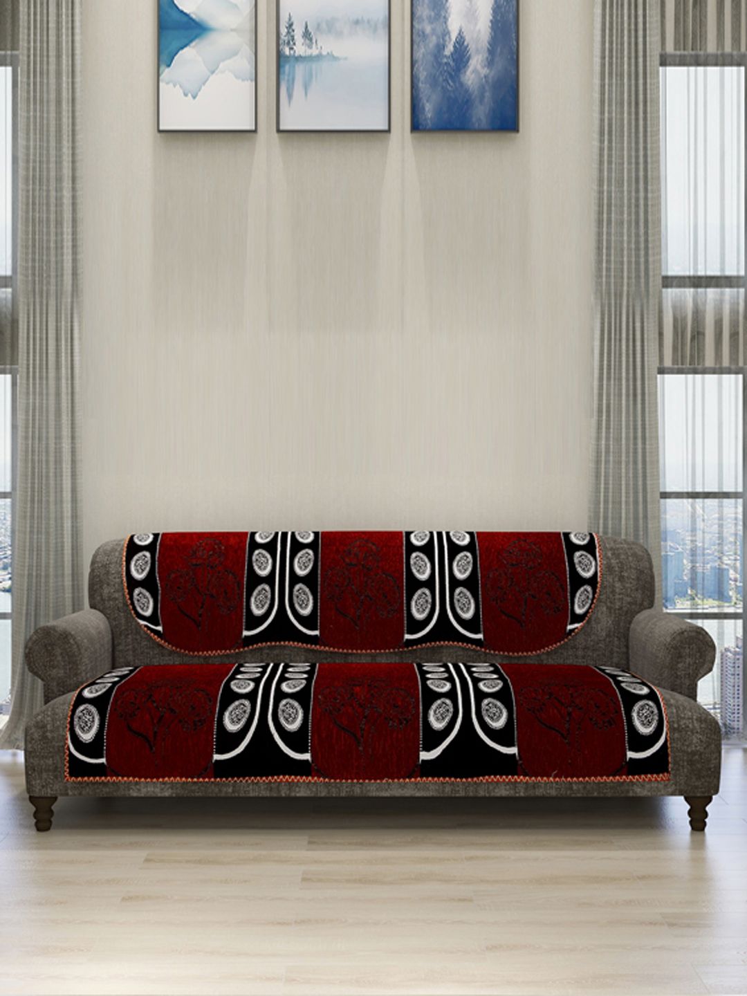 ROMEE 6-Piece Maroon & White Woven Design Chenille Sofa Set Covers Price in India