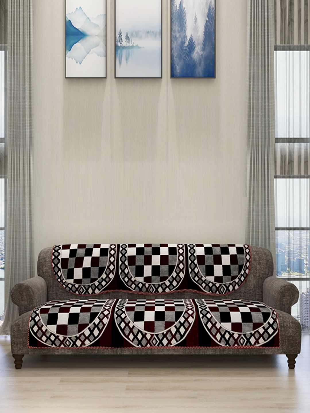 ROMEE 6-Piece Multicoloured Checked Chenille Sofa Set Covers Price in India