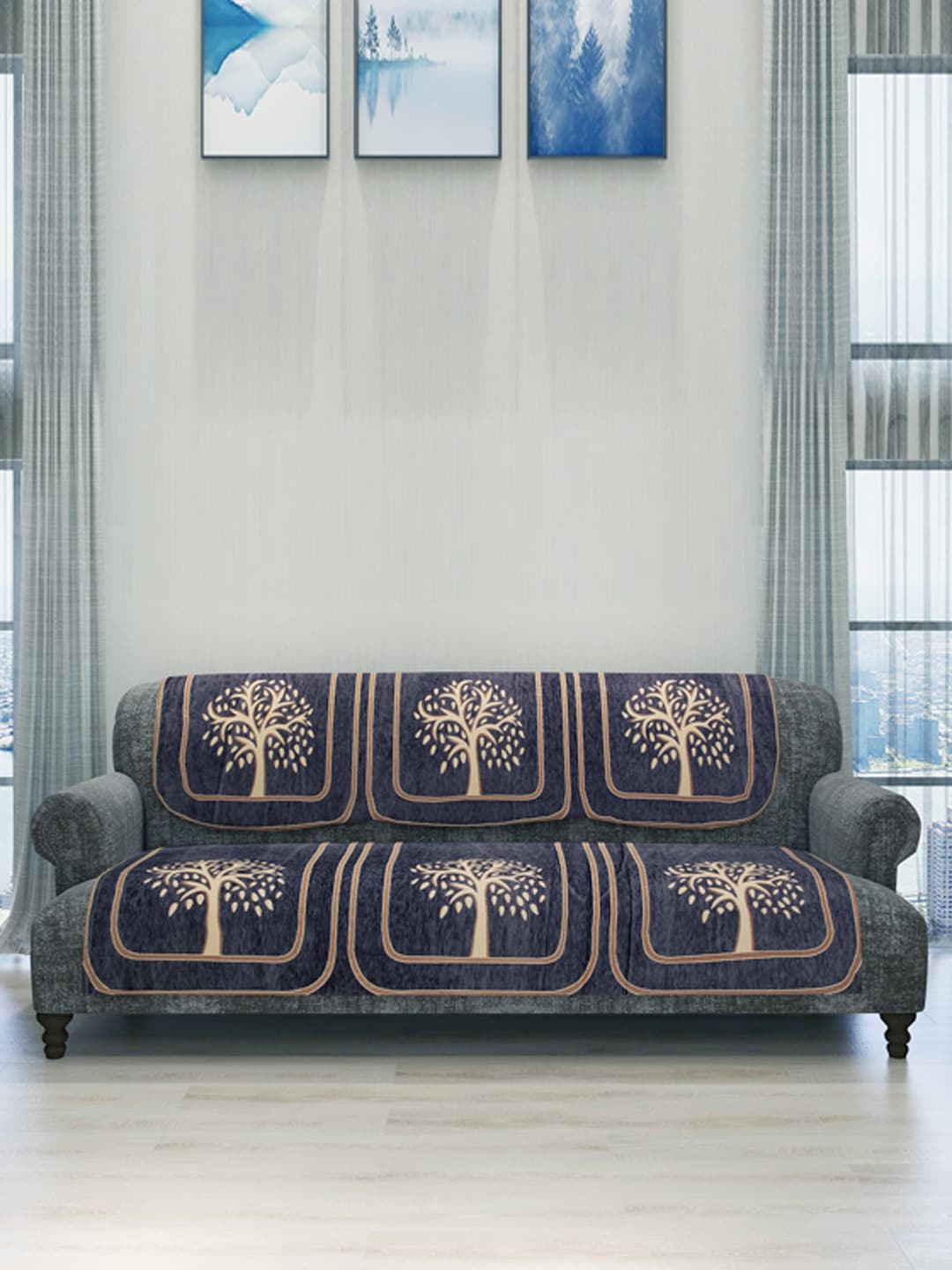 ROMEE 6-Piece Purple & Beige Woven Design Chenille Sofa Set Covers Price in India