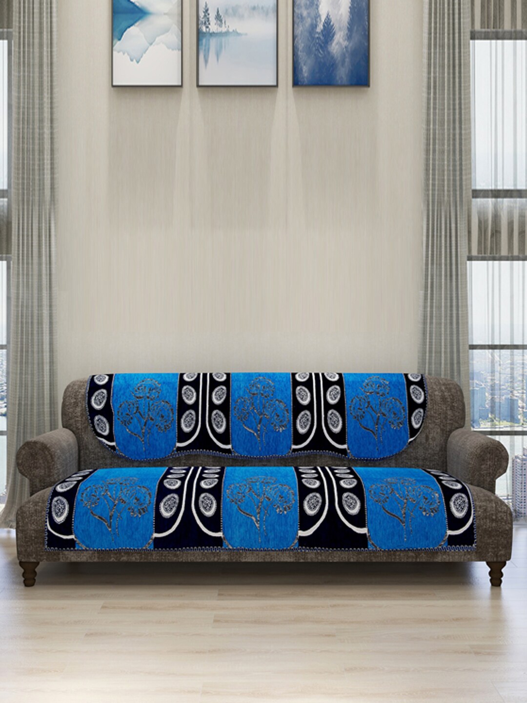 ROMEE Set Of 6 Blue Sofa Self-Design Sofa Cover Price in India