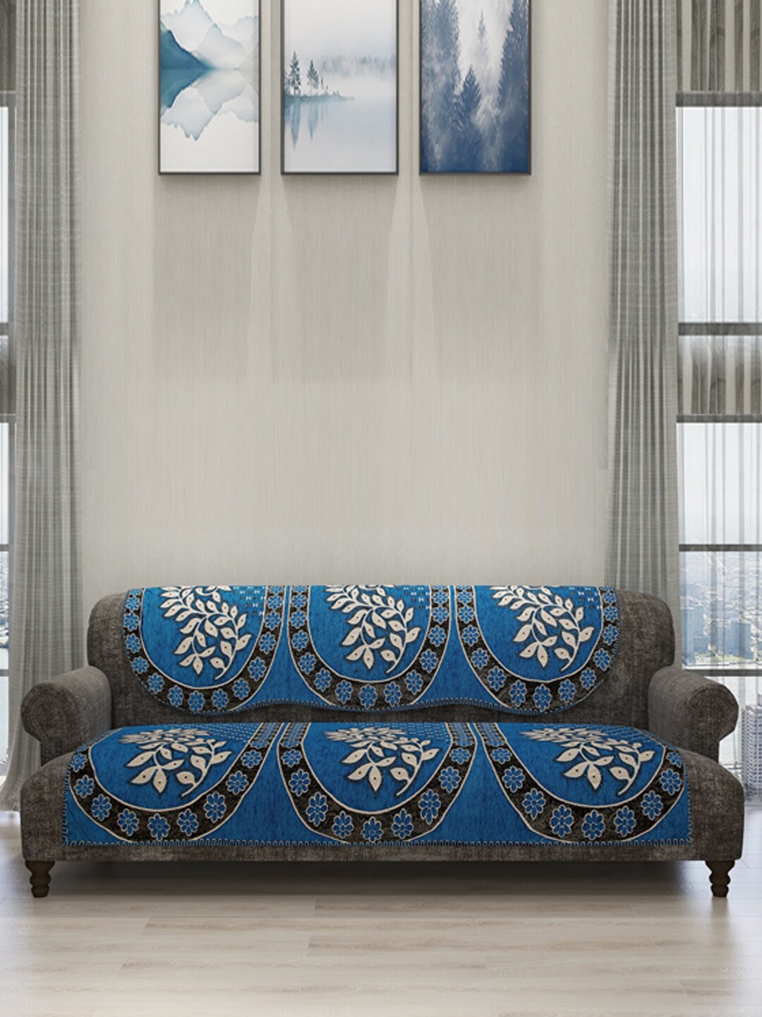 ROMEE Set Of 6 Blue Self-Design Sofa Cover Price in India