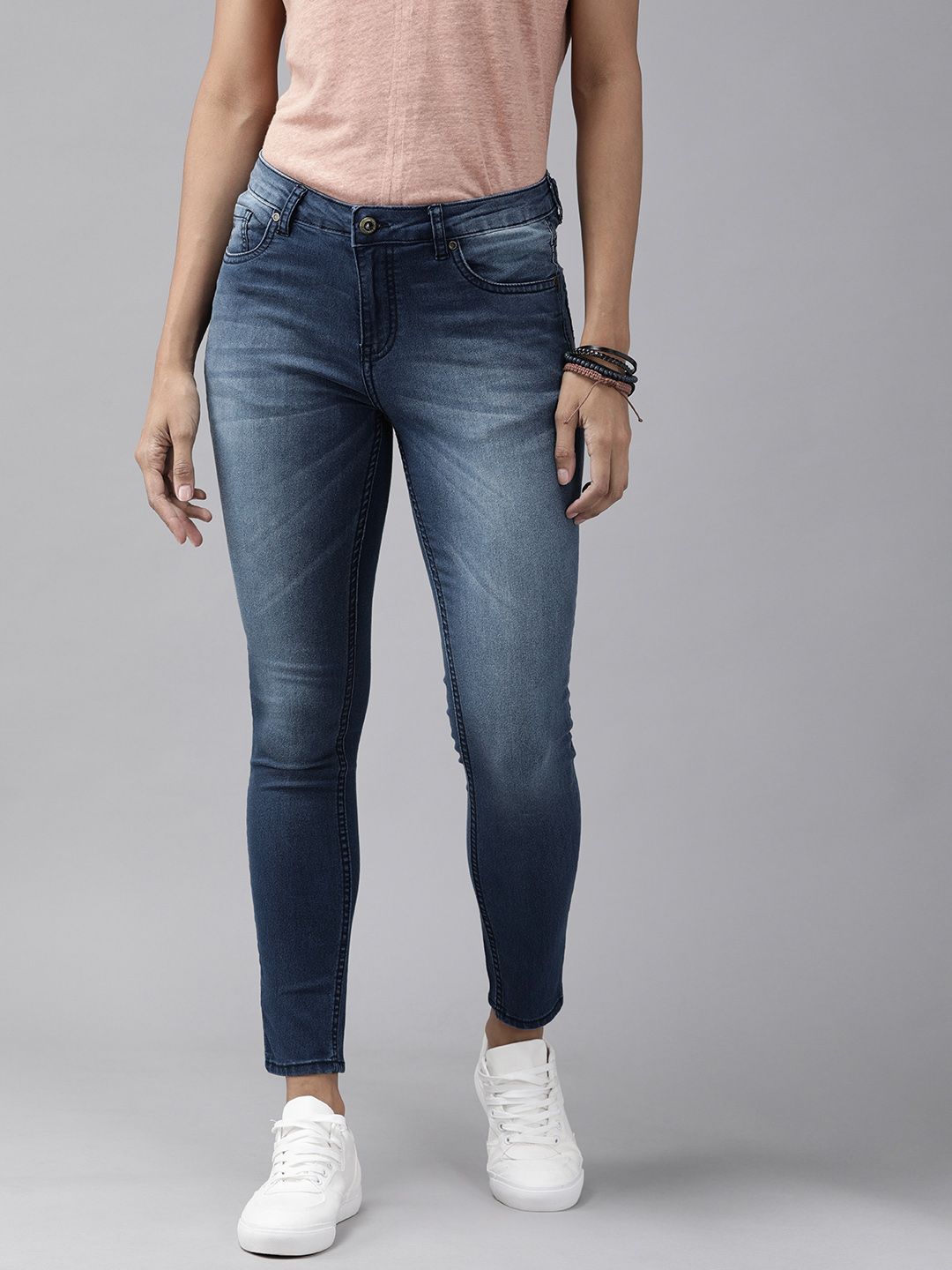 Roadster Women Blue Skinny Fit High-Rise Clean Look Stretchable Cropped Jeans Price in India