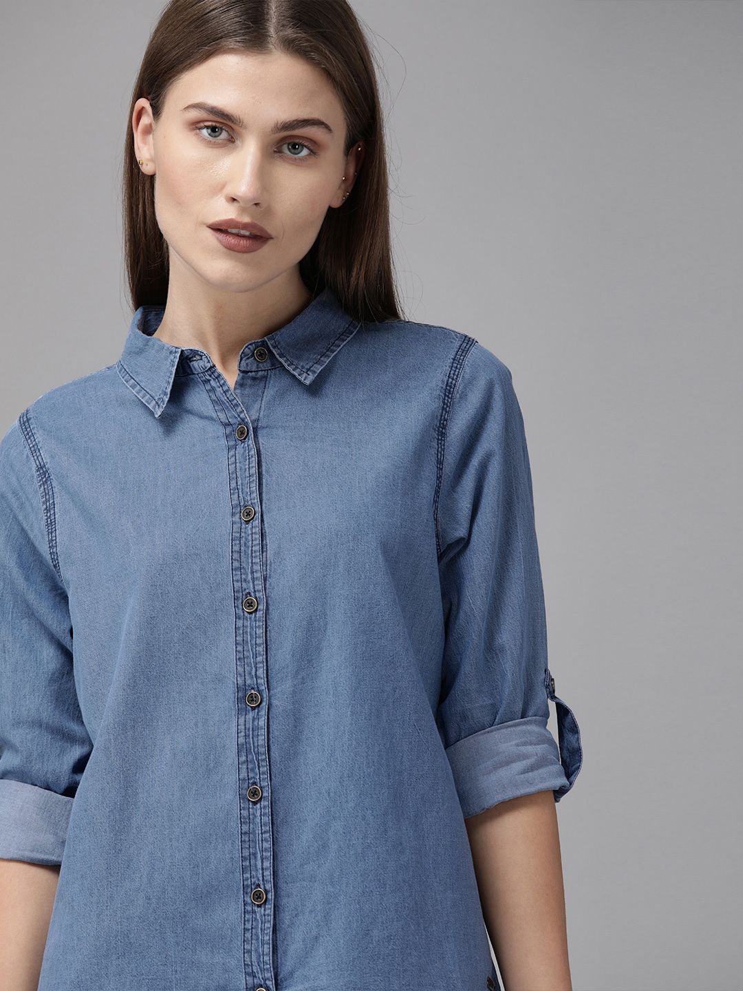 Roadster Women Blue Regular Fit Faded Casual Shirt