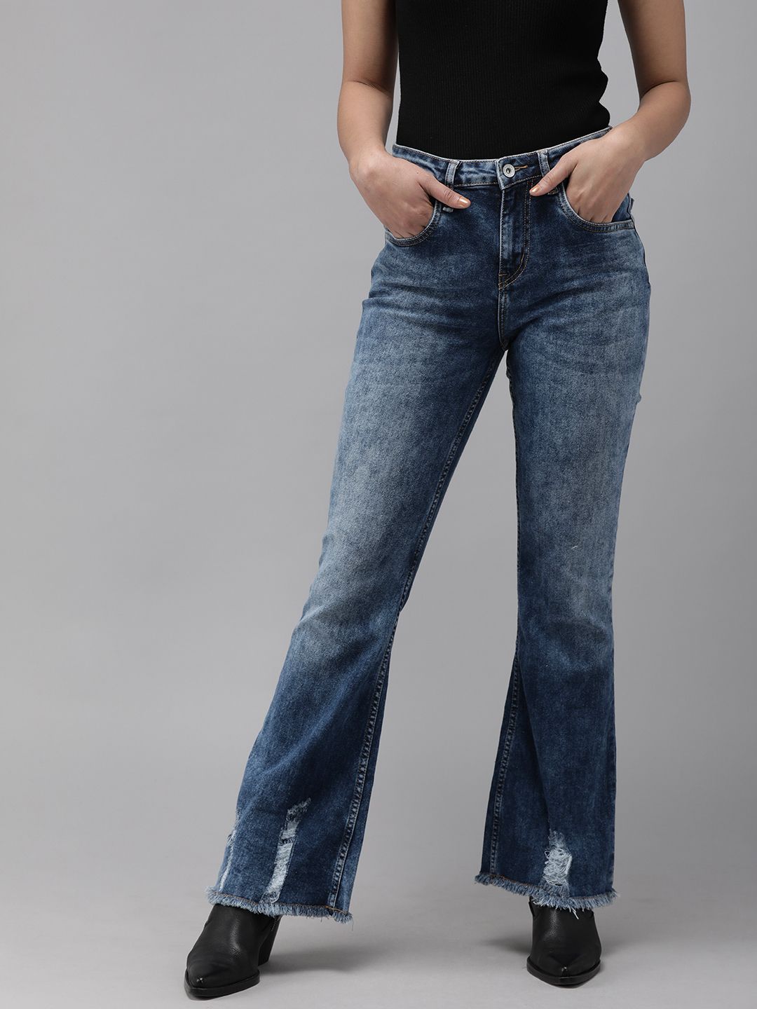 Roadster Women Blue Flared High-Rise Mildly Distressed Stretchable Jeans Price in India