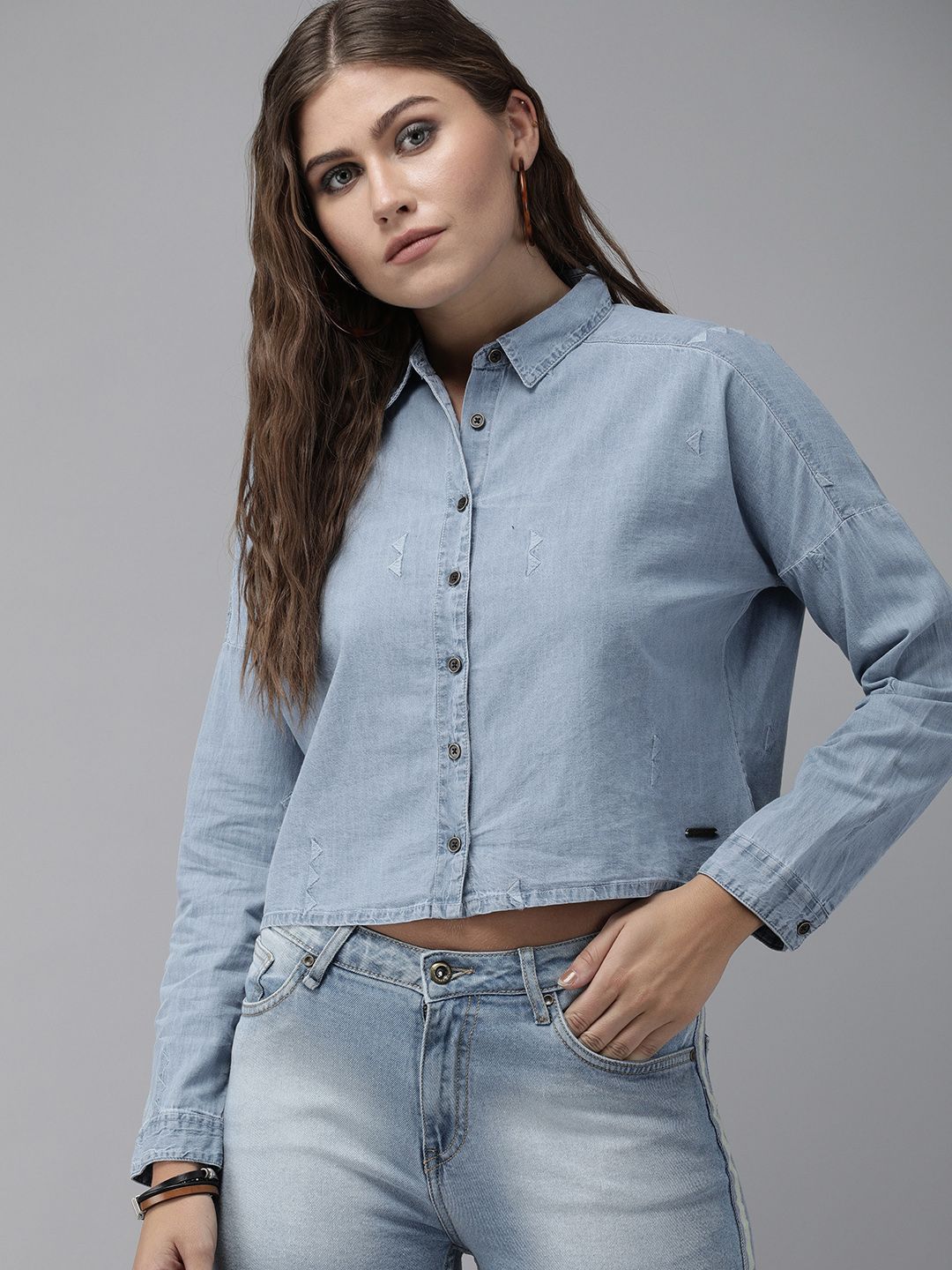 Roadster Women Blue Max Shirt Fit Embroidered Crop Casual Shirt