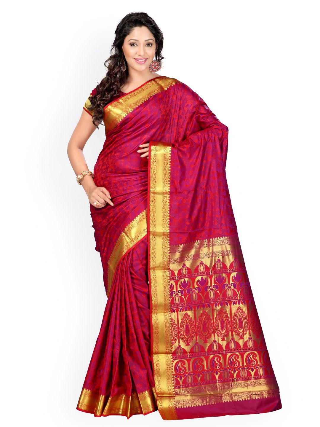 Varkala Silk Sarees Red & Magenta Jacquard Art Silk Traditional Saree Price in India