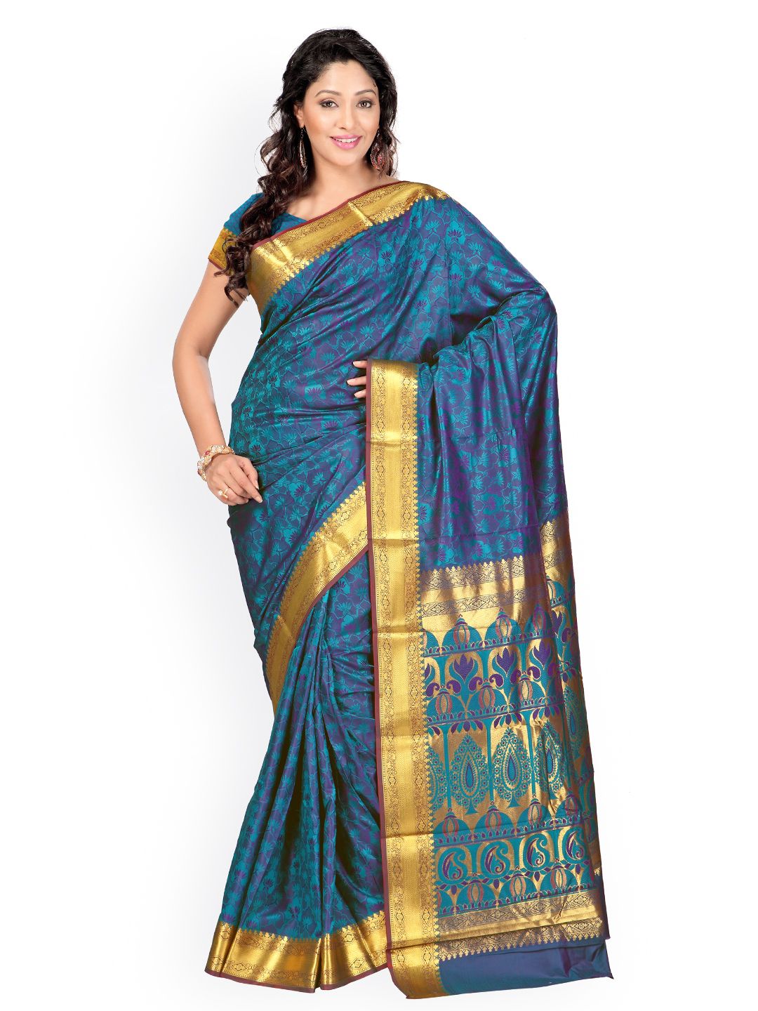 Varkala Silk Sarees Turquoise Blue & Purple Jacquard Art Silk Traditional Saree Price in India