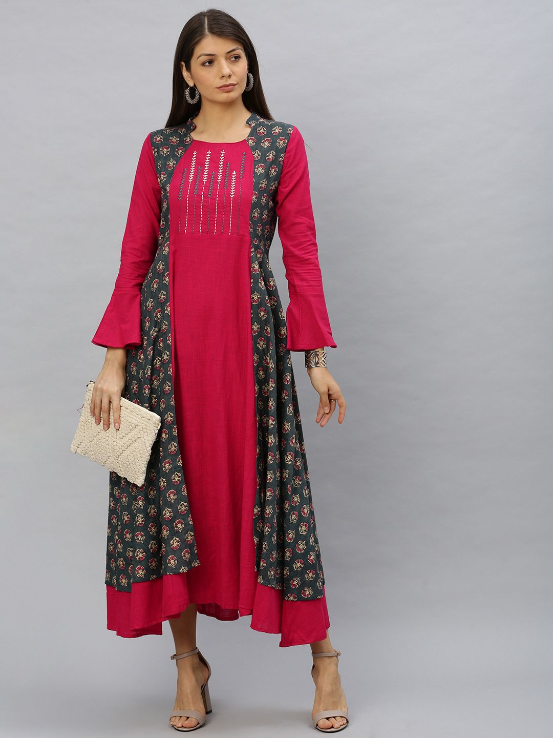 YASH GALLERY Women Grey & Pink Embroidered Layered Fit and Flare Dress Price in India