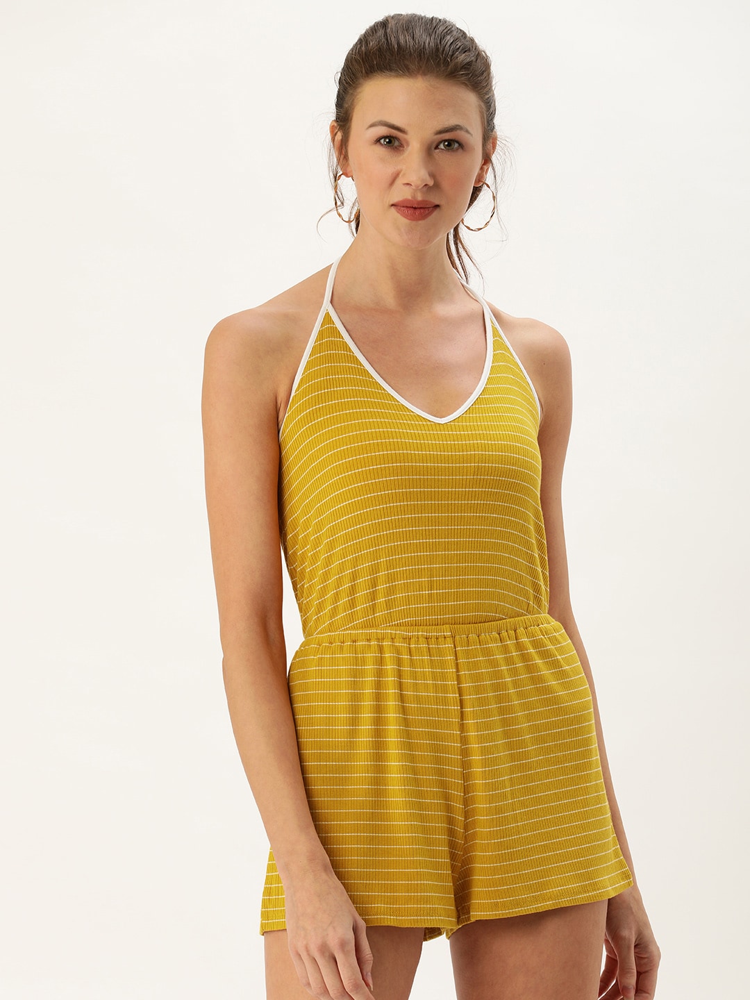 FOREVER 21 Women Mustard Yellow & White Striped Playsuit With Gathers Price in India