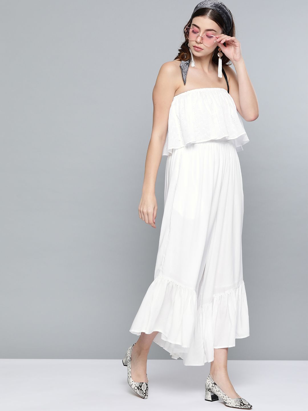 SASSAFRAS Women White Schiffli Embroidered Basic Jumpsuit Price in India