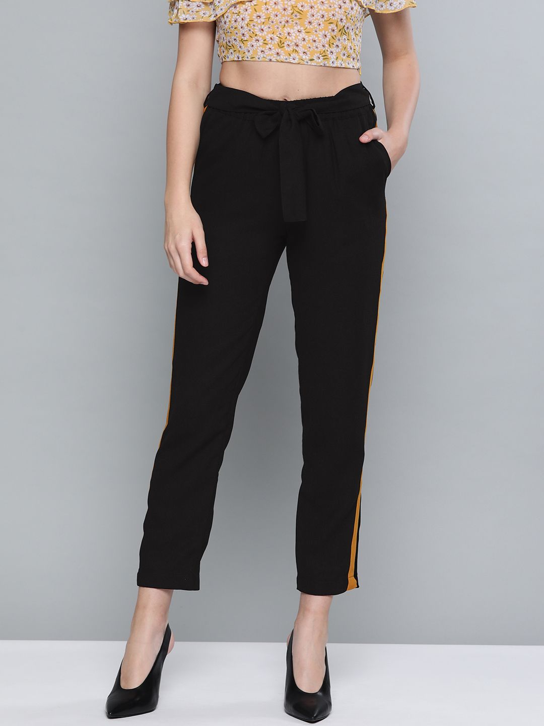 SASSAFRAS Women Black Tapered Fit Solid Regular Trousers Price in India