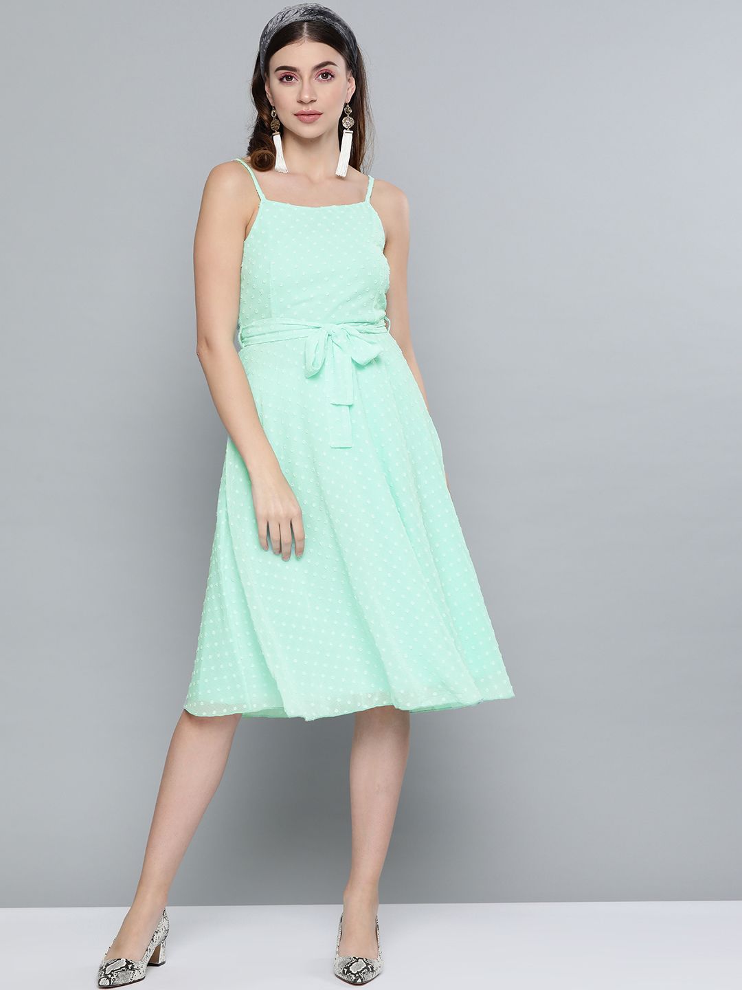 SASSAFRAS Women Sea Green Dobby Weave A-Line Dress Price in India