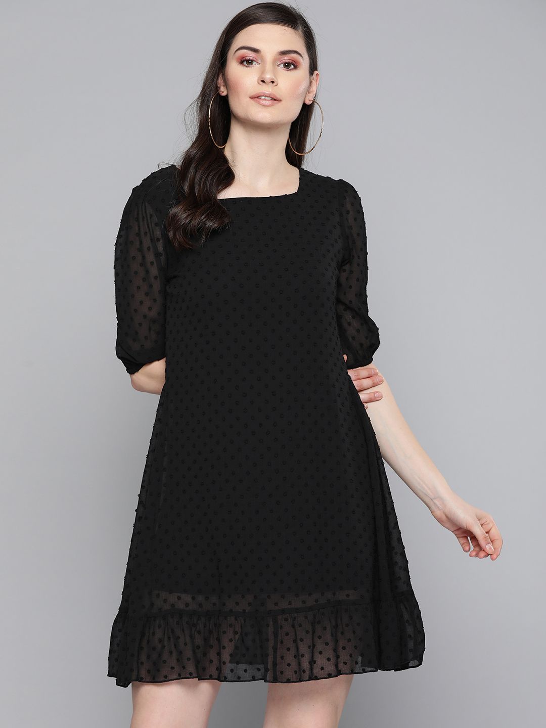 SASSAFRAS Women Black Self Design Dobby Weave A-Line Dress