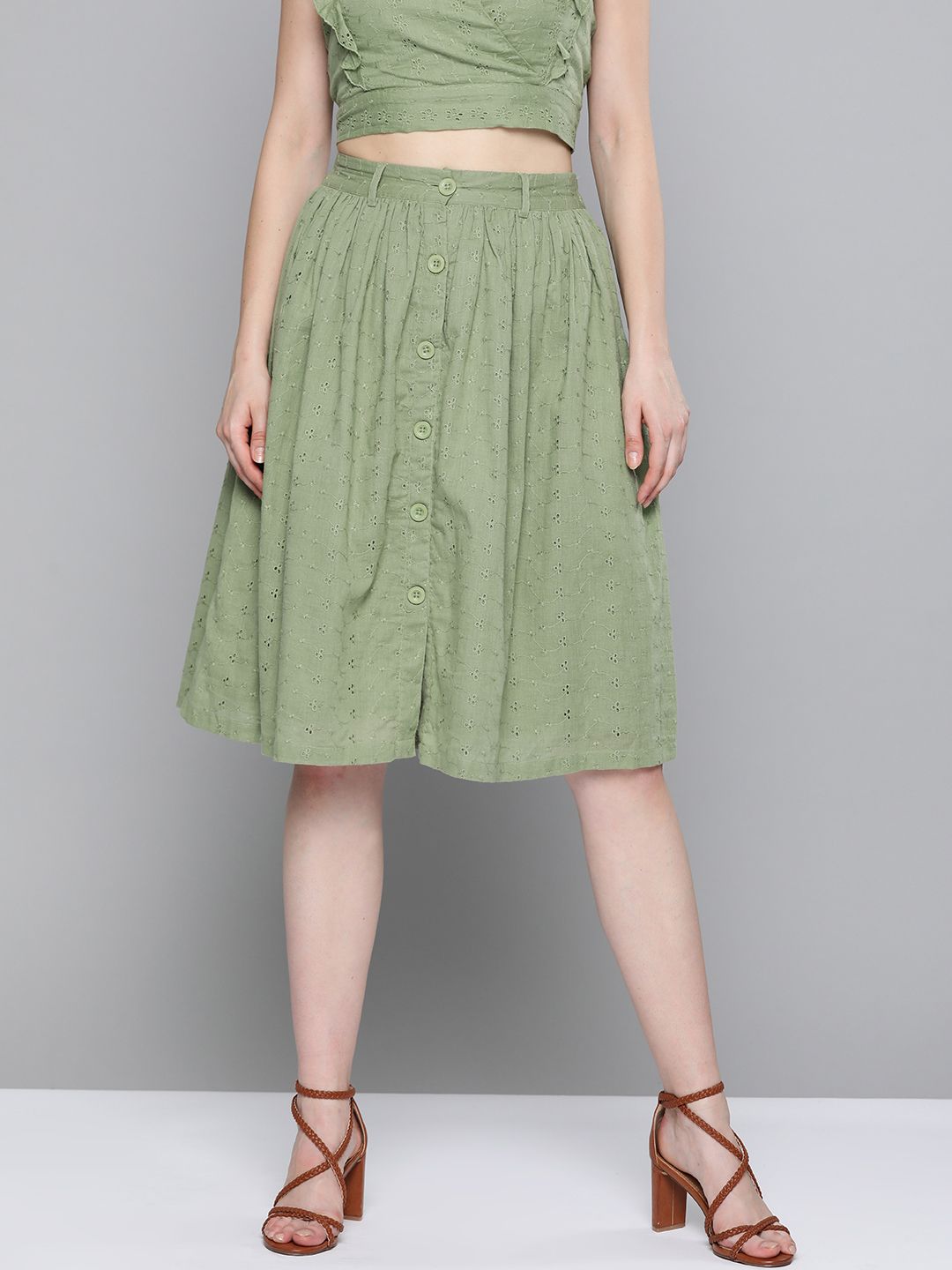 SASSAFRAS Olive Green Schiffli Buttoned Skirt