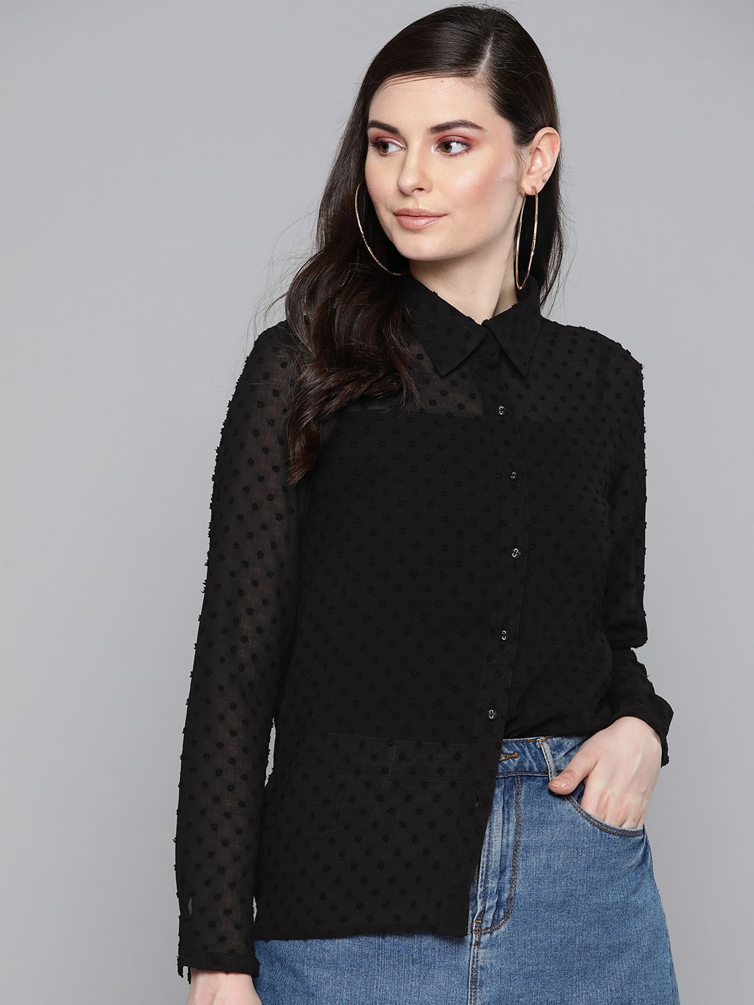 SASSAFRAS Black Dobby Sheer Boxy Shirt