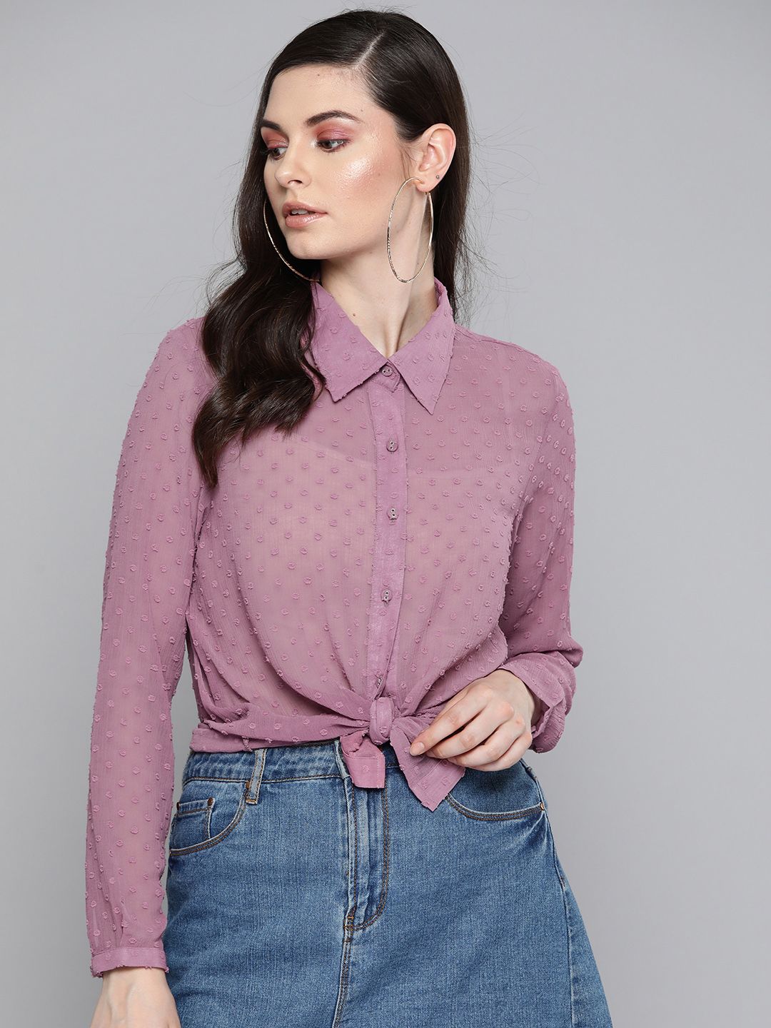 SASSAFRAS Mauve Dobby Sheer Boxy Shirt