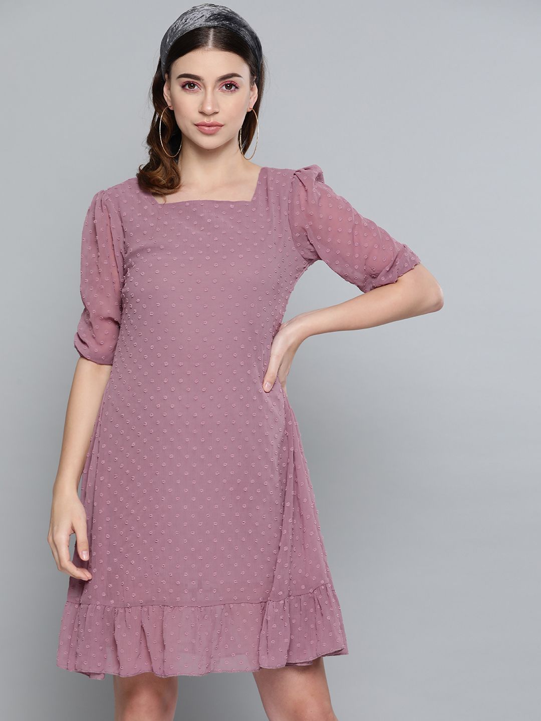 SASSAFRAS Mauve Dobby Weave A-Line Dress Price in India