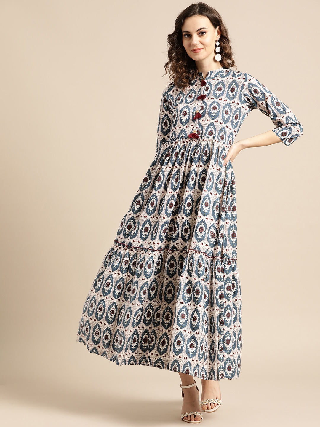 Nayo White & Teal Blue Ethnic Motifs Printed Maxi Dress Price in India