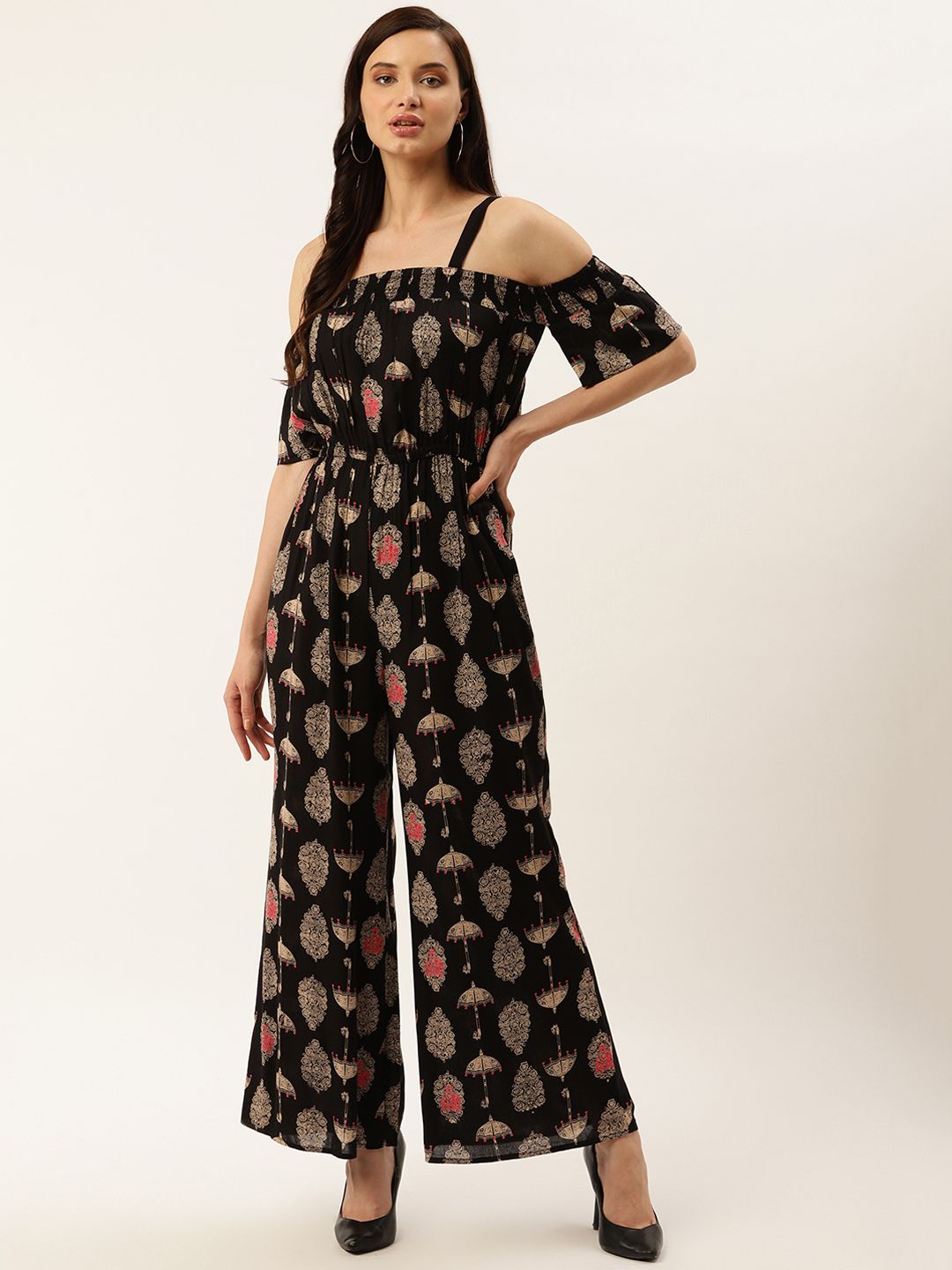 Taurus Women Black & Beige Printed Basic Jumpsuit Price in India