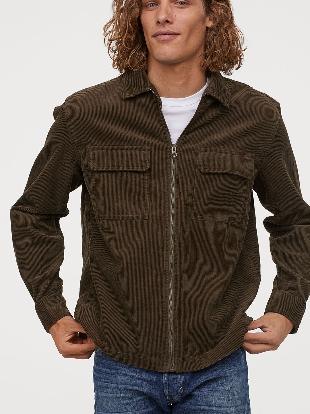 Buy H&M Men Olive Green Solid Corduroy Shirt Jacket - Jackets for