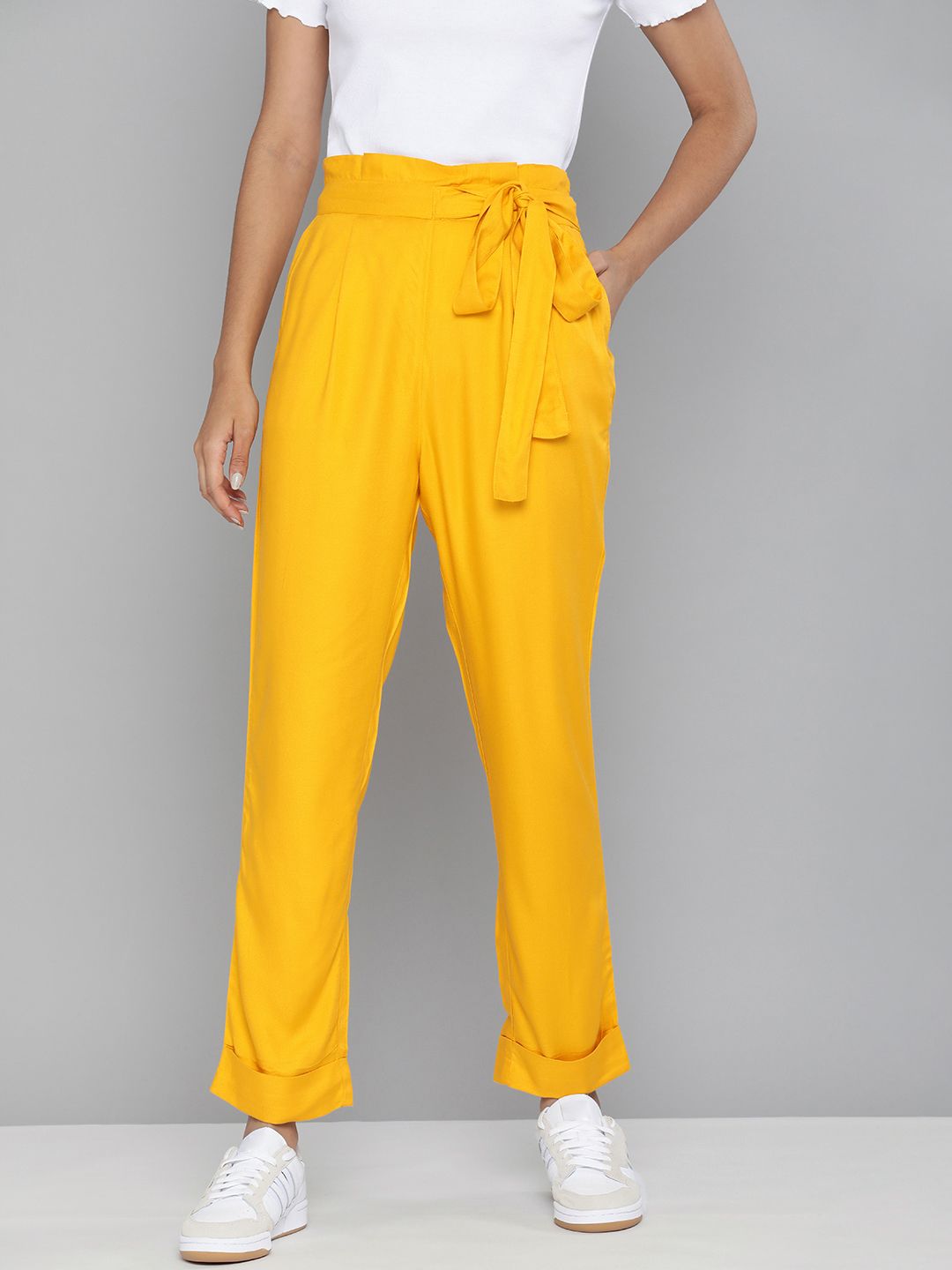 HERE&NOW Women Mustard Yellow Regular Fit High-Rise Easy Wash Pleated Parallel Trousers Price in India