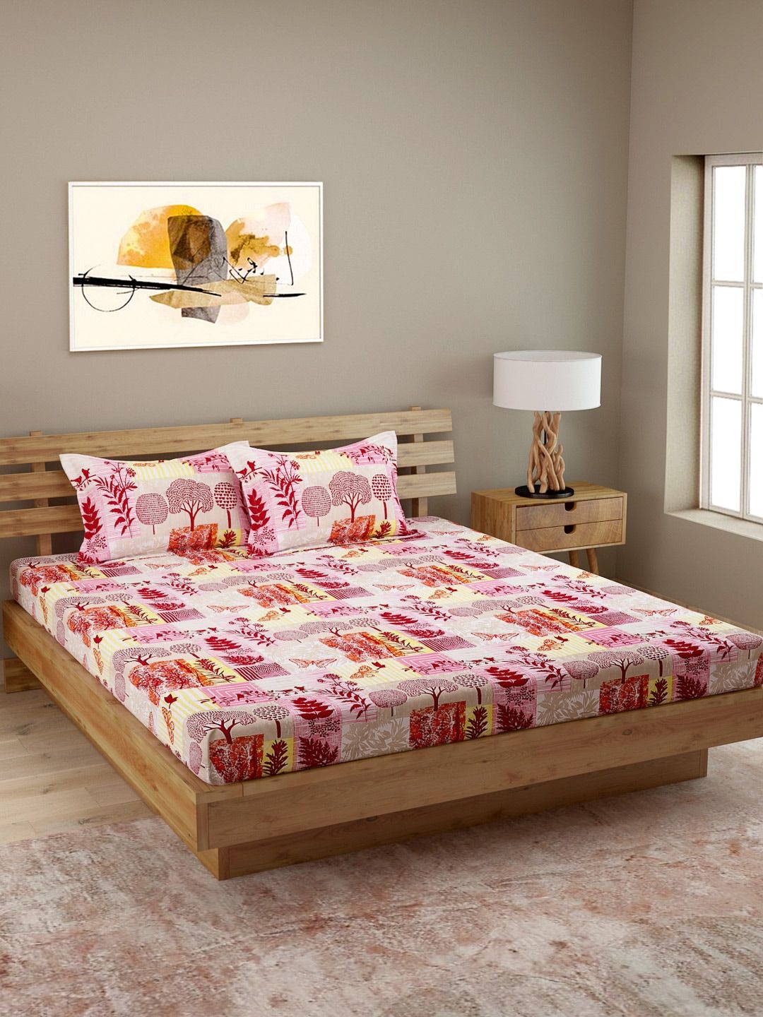 ROMEE White & Pink Floral 250 TC Cotton 1 King Bedsheet with 2 Pillow Covers Price in India