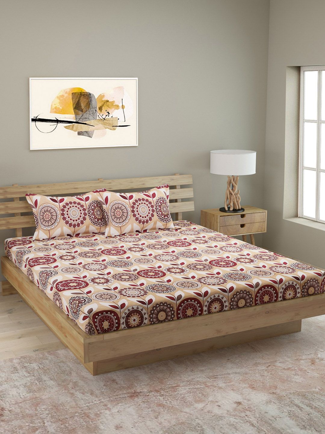 ROMEE Peach-Coloured & Maroon Floral 250 TC Cotton 1 King Bedsheet with 2 Pillow Covers Price in India