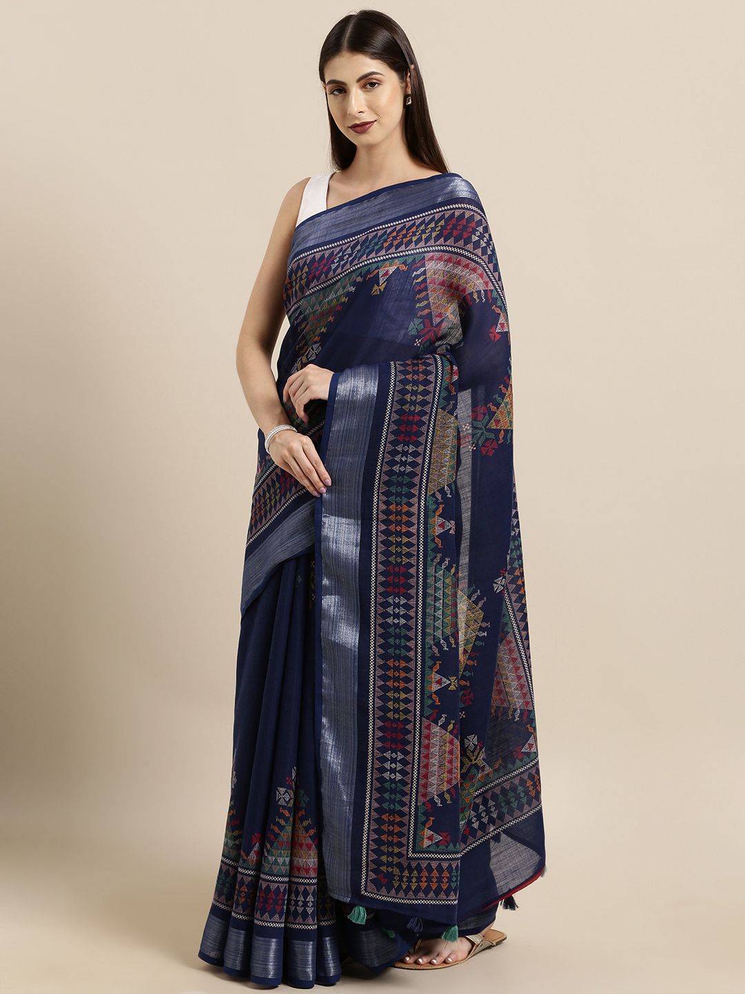 Satrani Navy Blue Pure Cotton Printed Khadi Saree