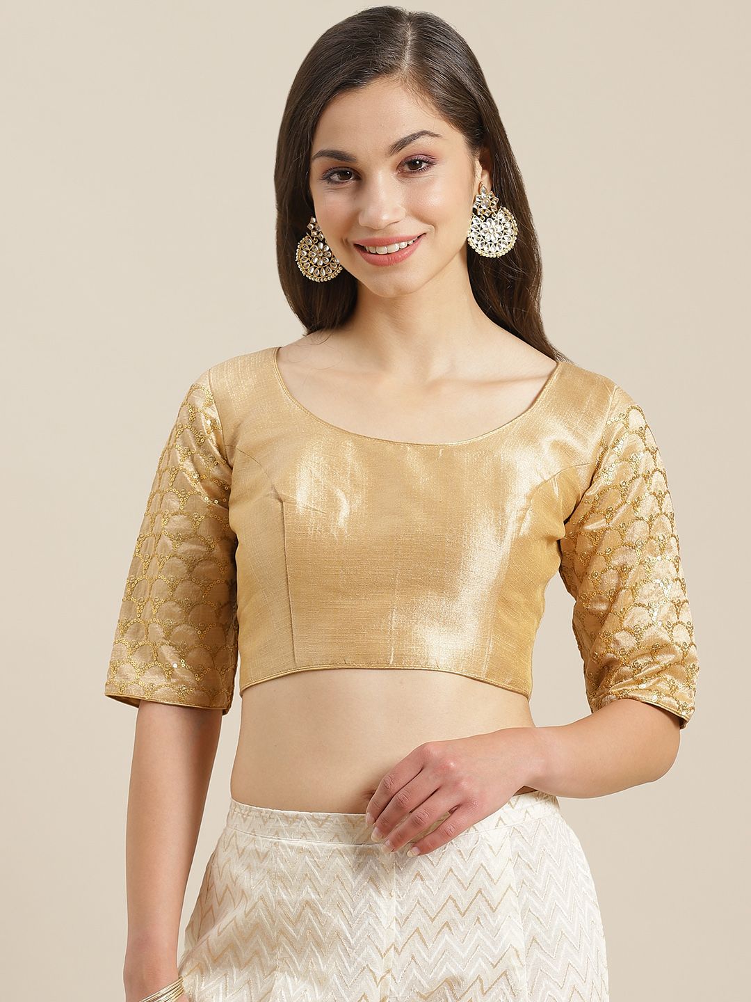 Studio Shringaar Women Golden Solid Non Padded Saree Blouse Price in India