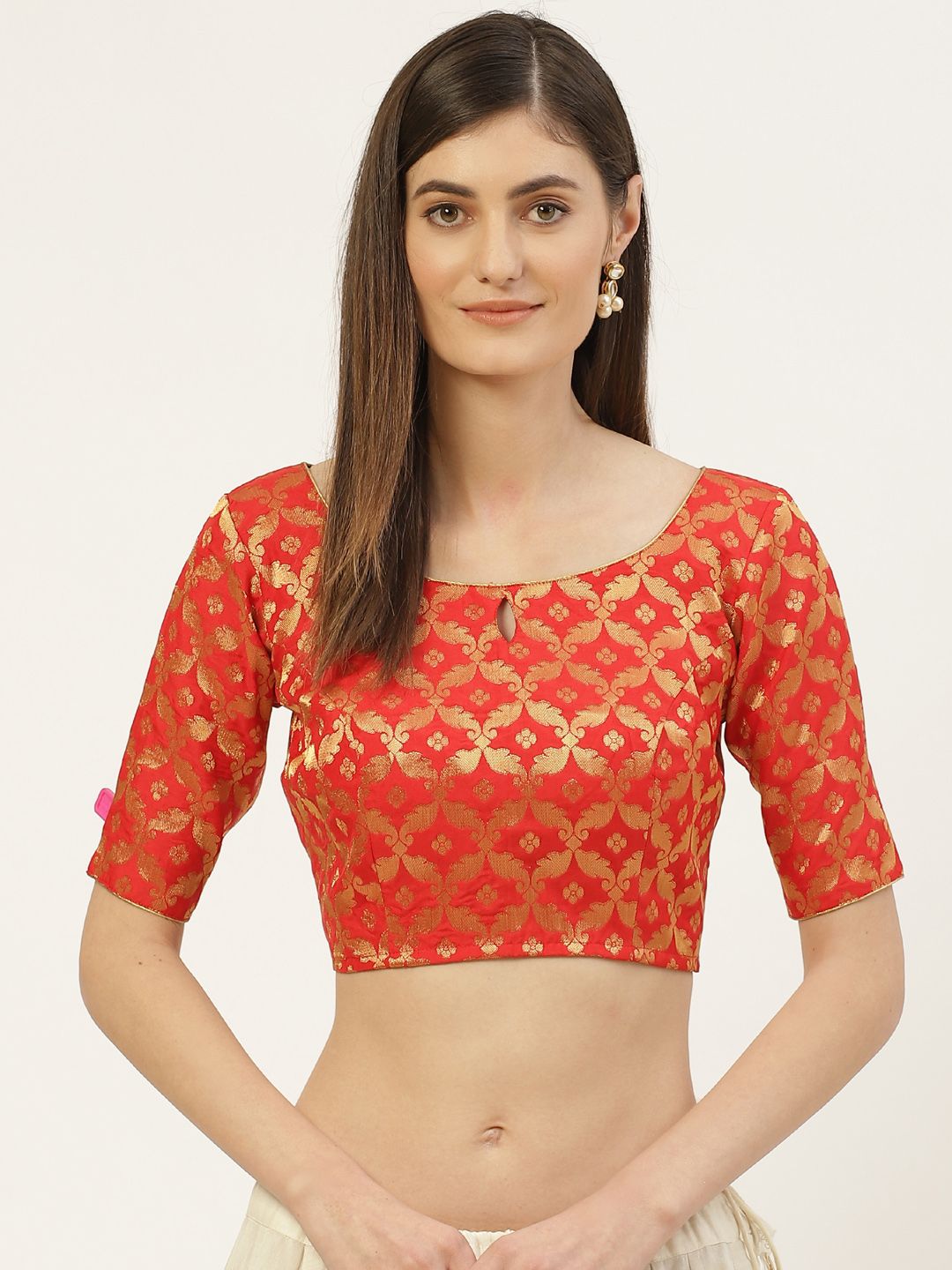 Studio Shringaar Red & Golden Woven Design Banarasi Brocade Saree Blouse Price in India