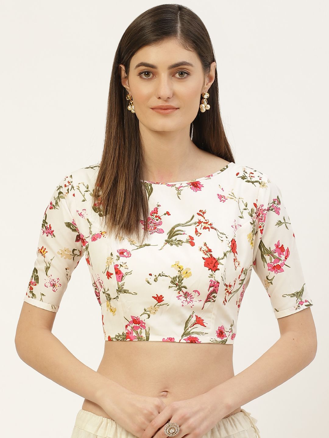 Studio Shringaar Off-White & Red Floral Print Saree Blouse Price in India