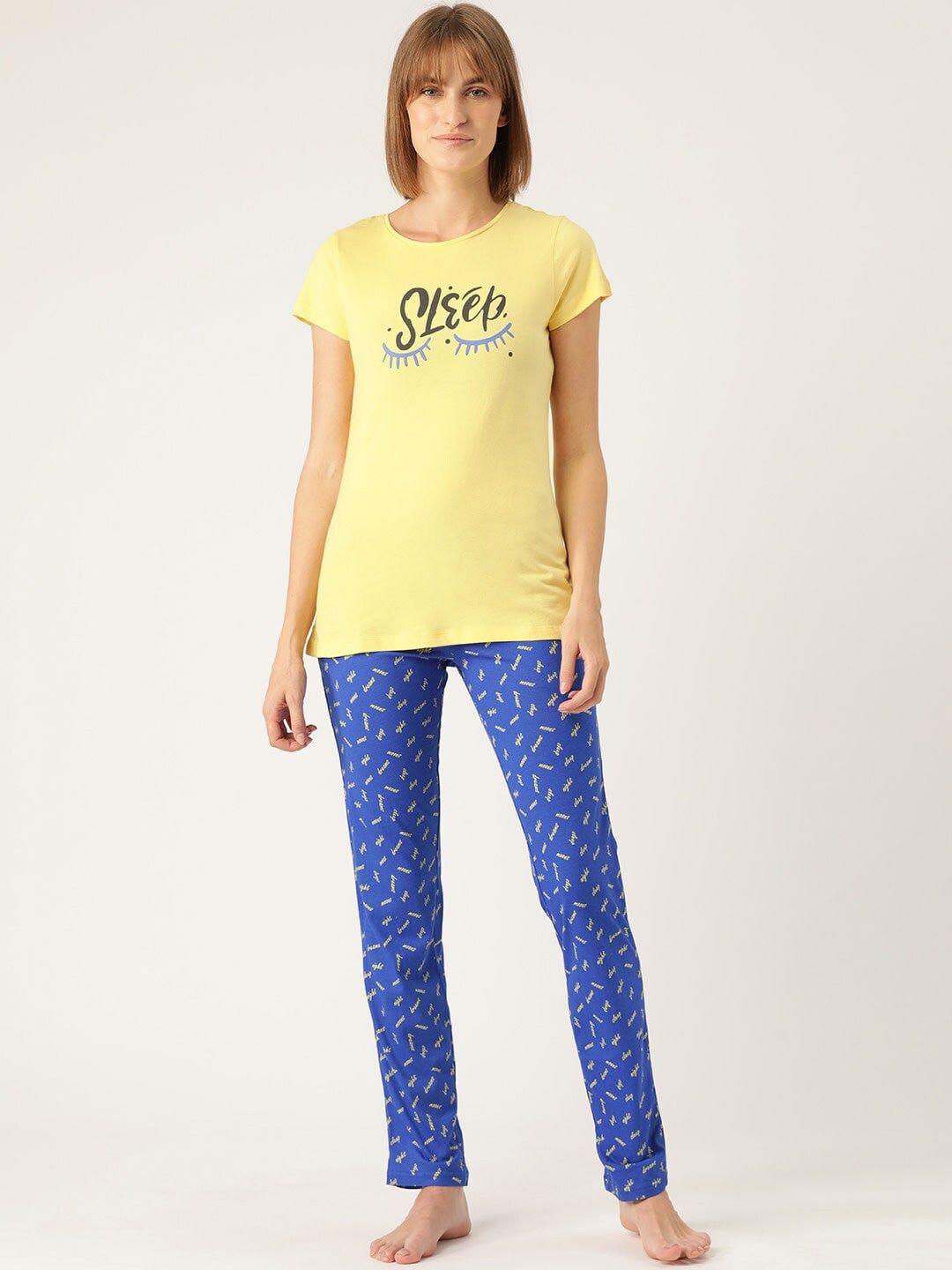 Sweet Dreams Women Yellow & Blue Printed Nightsuit Price in India