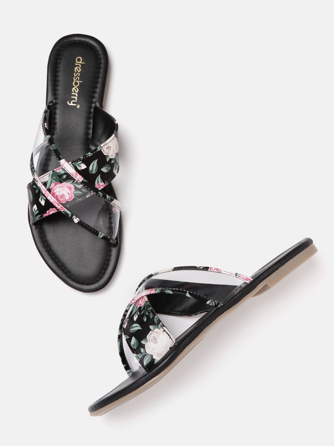 DressBerry Women Black & Pink Floral Print Open Toe Flats