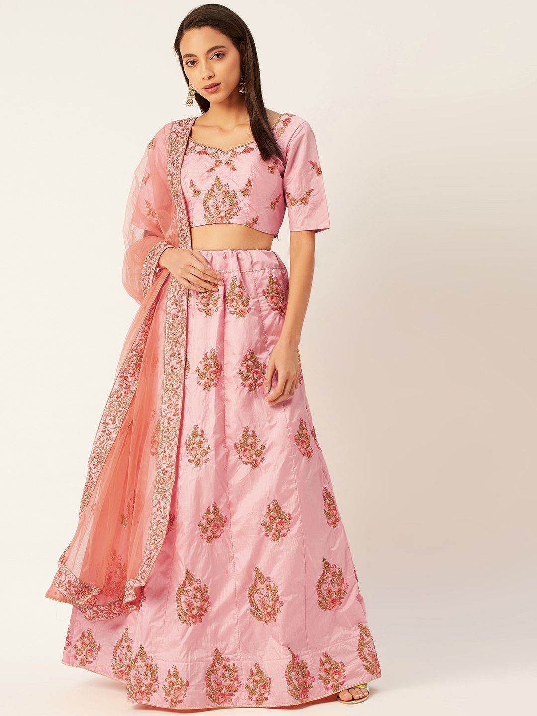 Shaily Pink & Golden Embroidered Semi-Stitched Lehenga & Unstitched Blouse with Dupatta