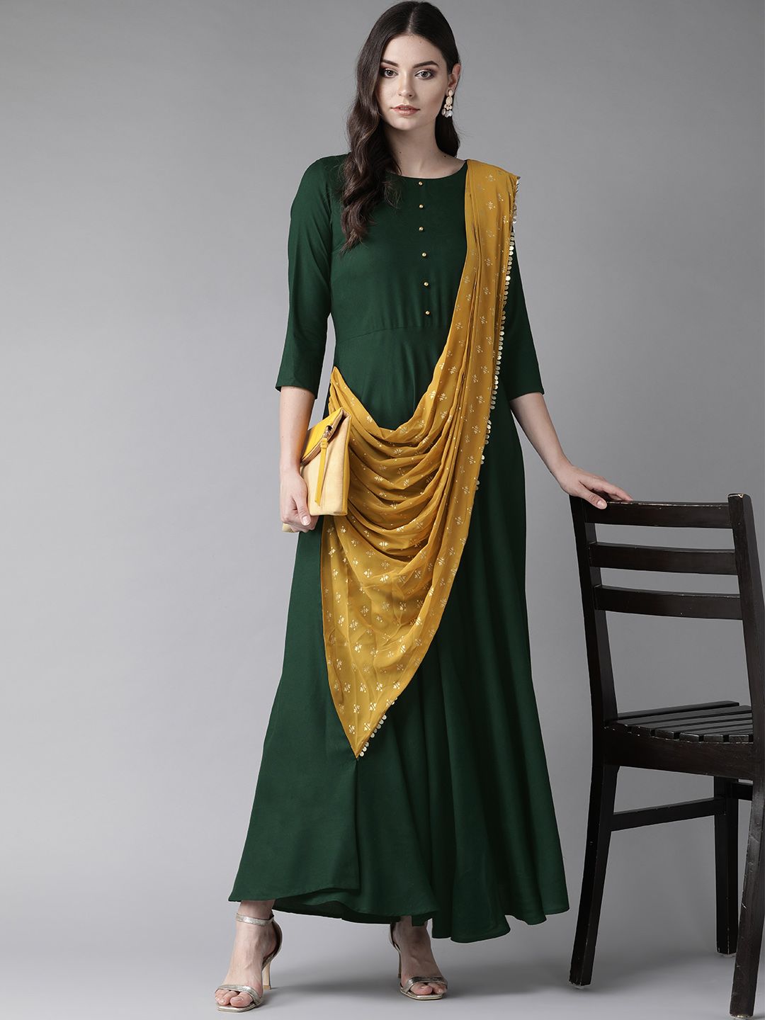 Ahalyaa Women Green & Mustard Yellow Solid Maxi Dress With Attached Dupatta Price in India
