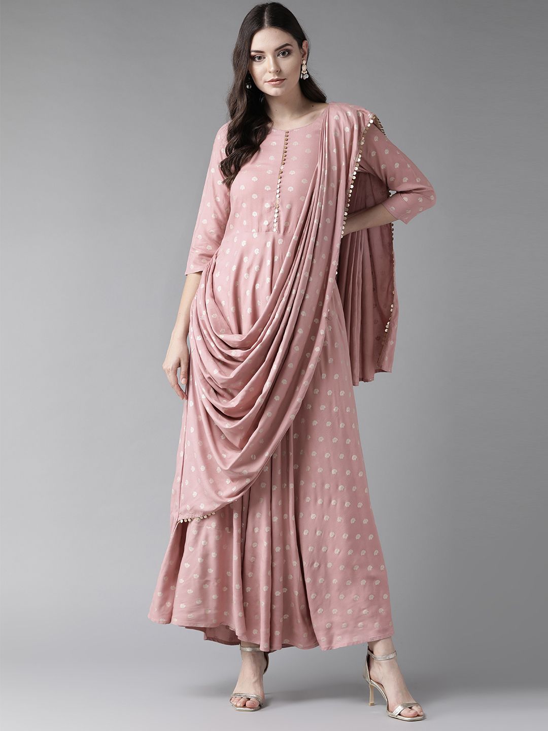 Ahalyaa Women Dusty Pink & Golden Printed Maxi Dress With Attached Dupatta