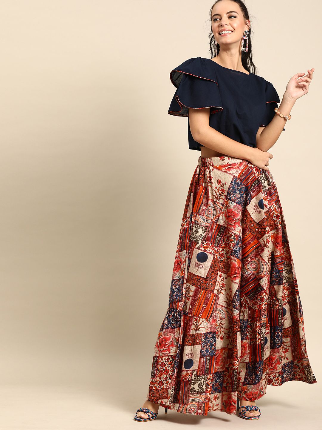 Nayo Women Navy Blue & Red Solid Top with Skirt Price in India