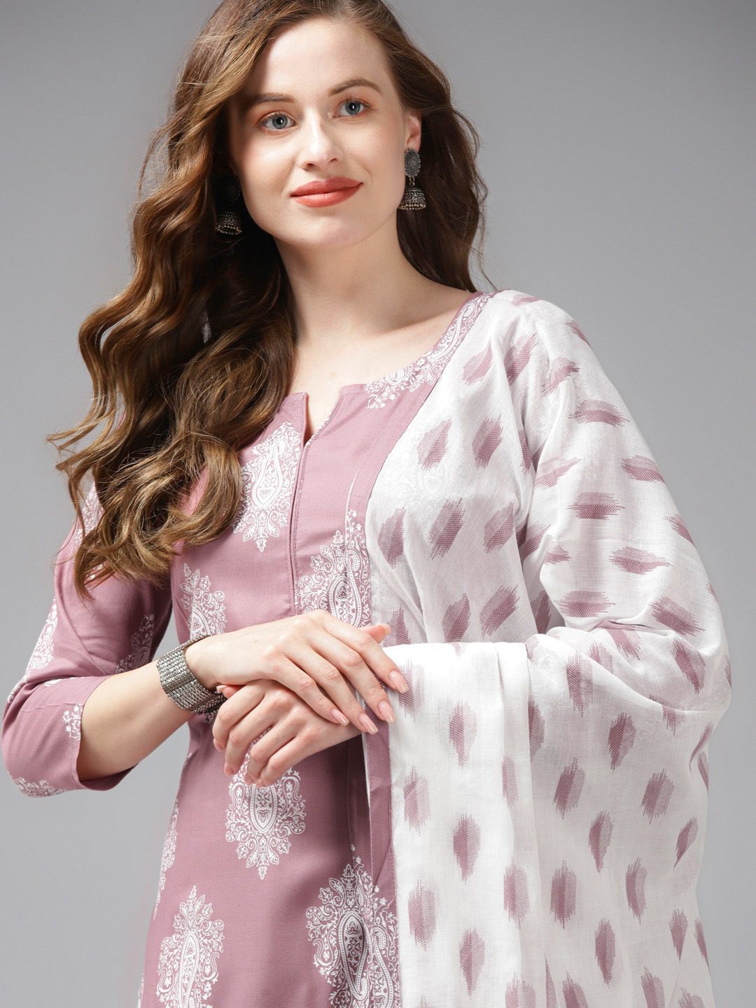 Yufta Women Mauve Ethnic Motifs Printed Regular Kurta with Palazzos & With Dupatta Price in India