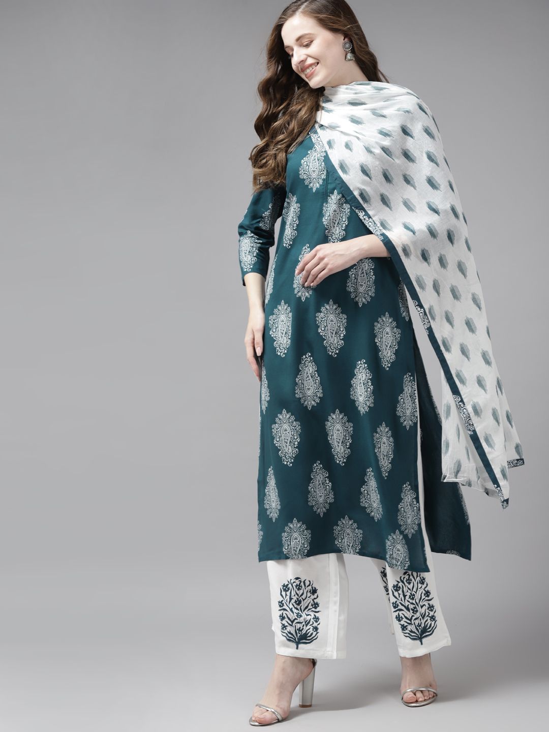 Yufta Women Teal Ethnic Motifs Printed Regular Kurta with Palazzos & With Dupatta Price in India