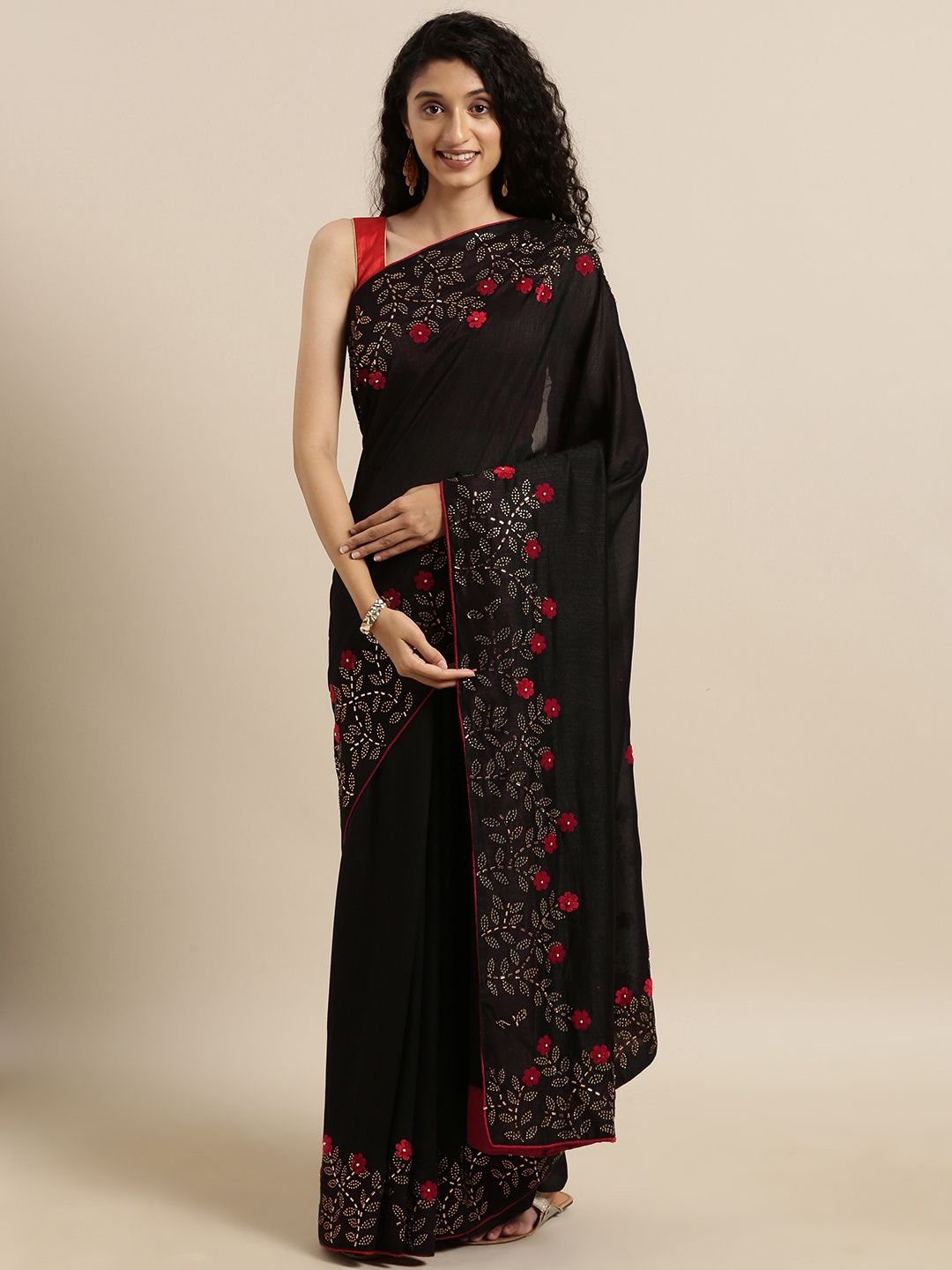 VASTRANAND Black Vichitra Poly Silk Solid Saree with Embellished Border