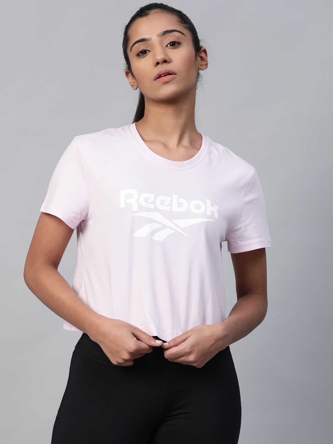 Reebok Classic Pink & White Vector Brand Logo Print Cropped T-shirt