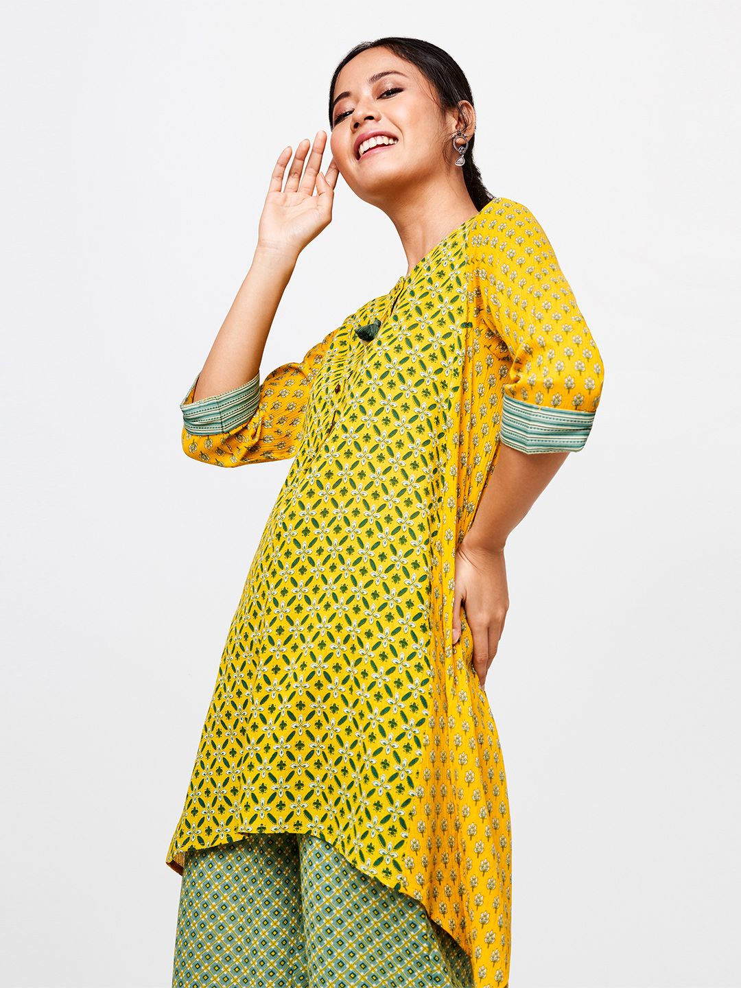 Global Desi Women's Mustard Yellow & Green Floral Printed Tunic Price in India
